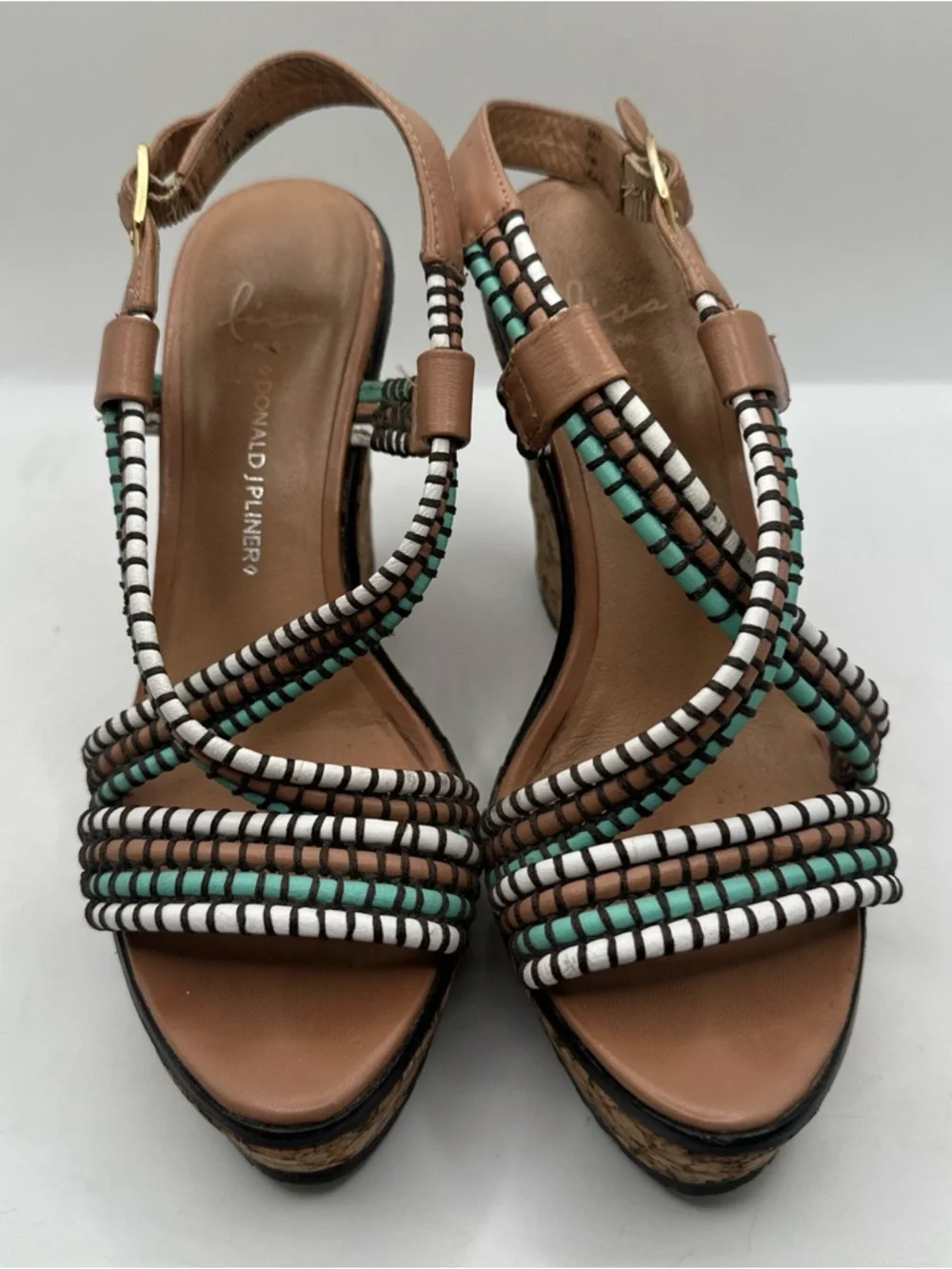 Donald J. Pliner Cork Wedge Sandals Turquoise White & Black Straps Sz 7 1/2